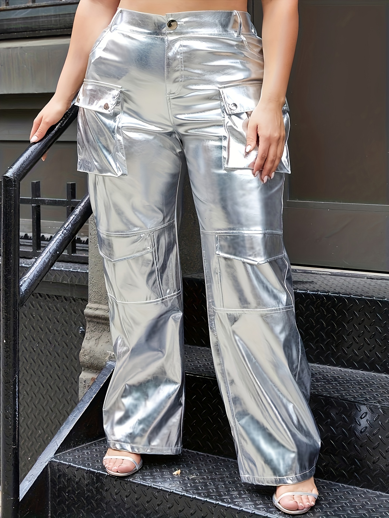 Plus Size Street Style Pants Women's Plus Solid Metallic - Temu Canada