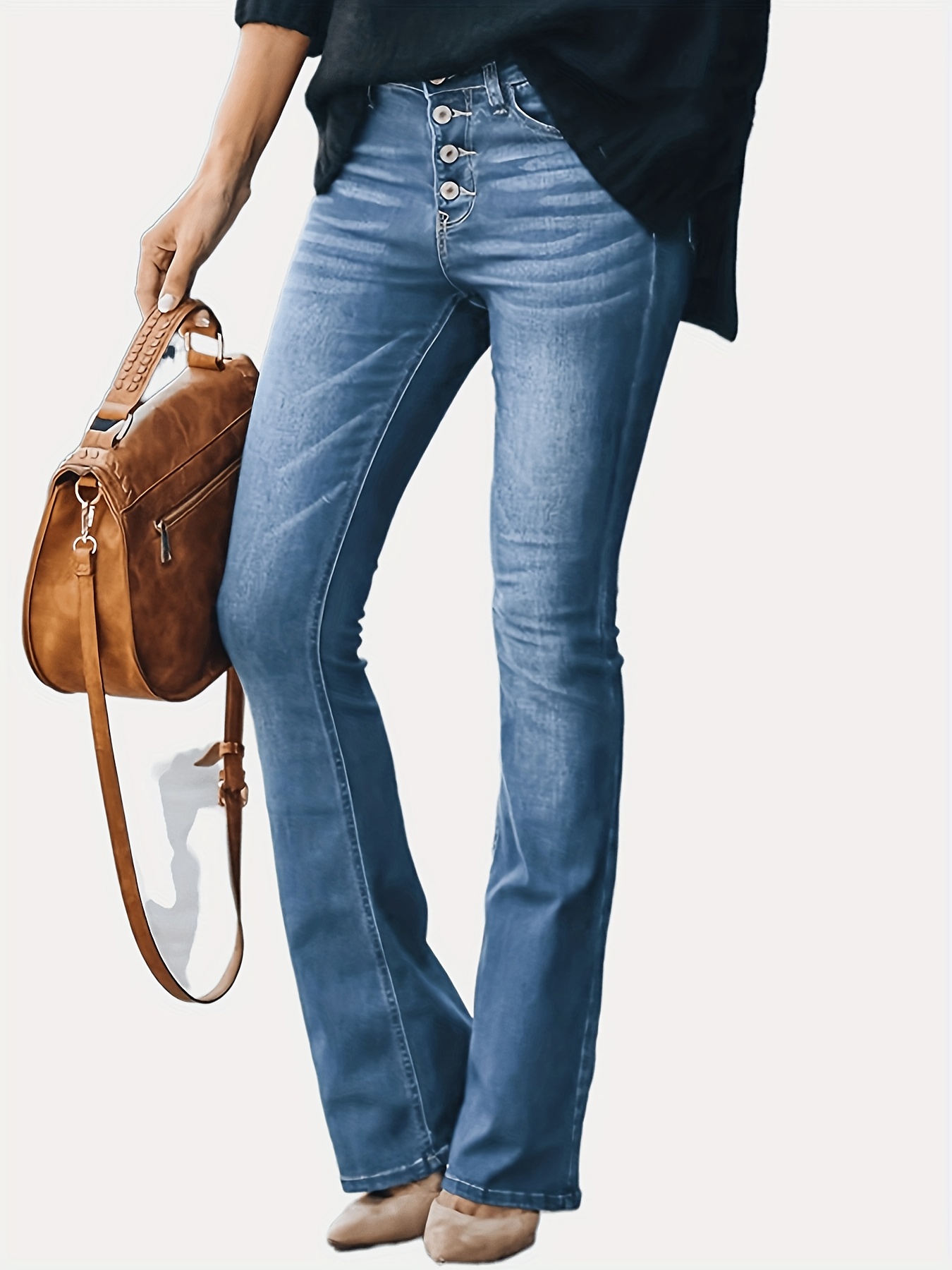 Embossed Button Bell Bottom Jeans Slim Fitting Bootcut Pants