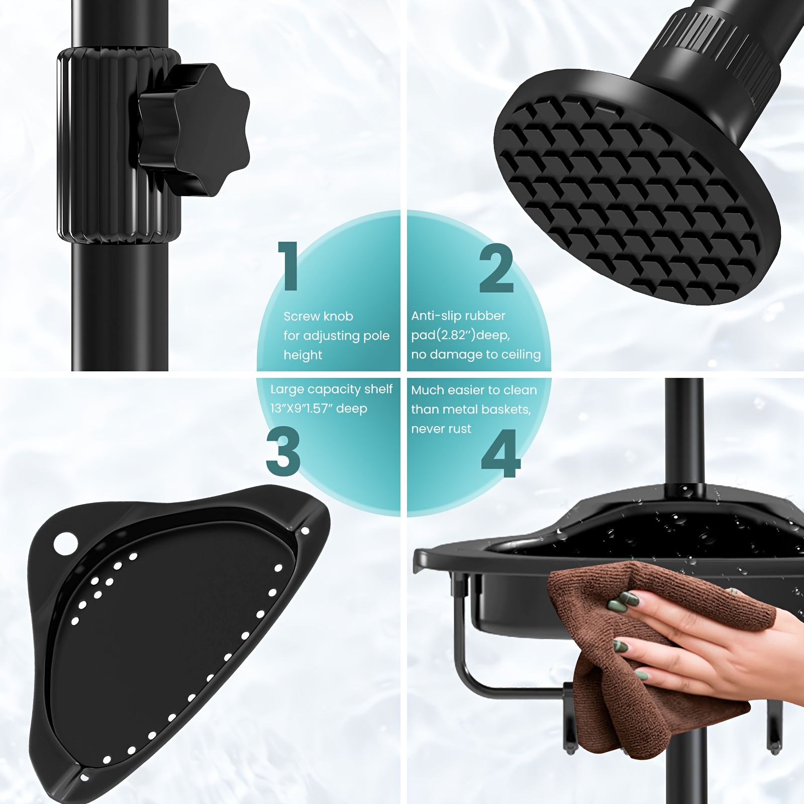 Odporny na rdzę plastikowy narożny kosz prysznicowy do organizowania i przechowywania szamponu i akcesoriów w łazience lub wannie, z regulowaną czteropiętrową półką z teleskopowym prętem, rozciągającym się od 56 do 289,56 cm.