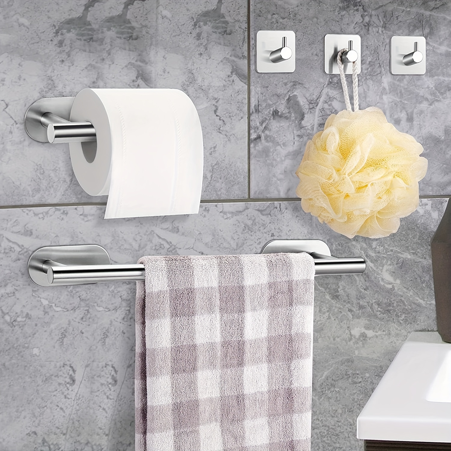  Toallero autoadhesivo – El juego de toalleros de baño incluye  barra de toalla de 16 pulgadas, soporte para papel higiénico adhesivo,  anillo de toalla, gancho para toallas, juego de accesorios de