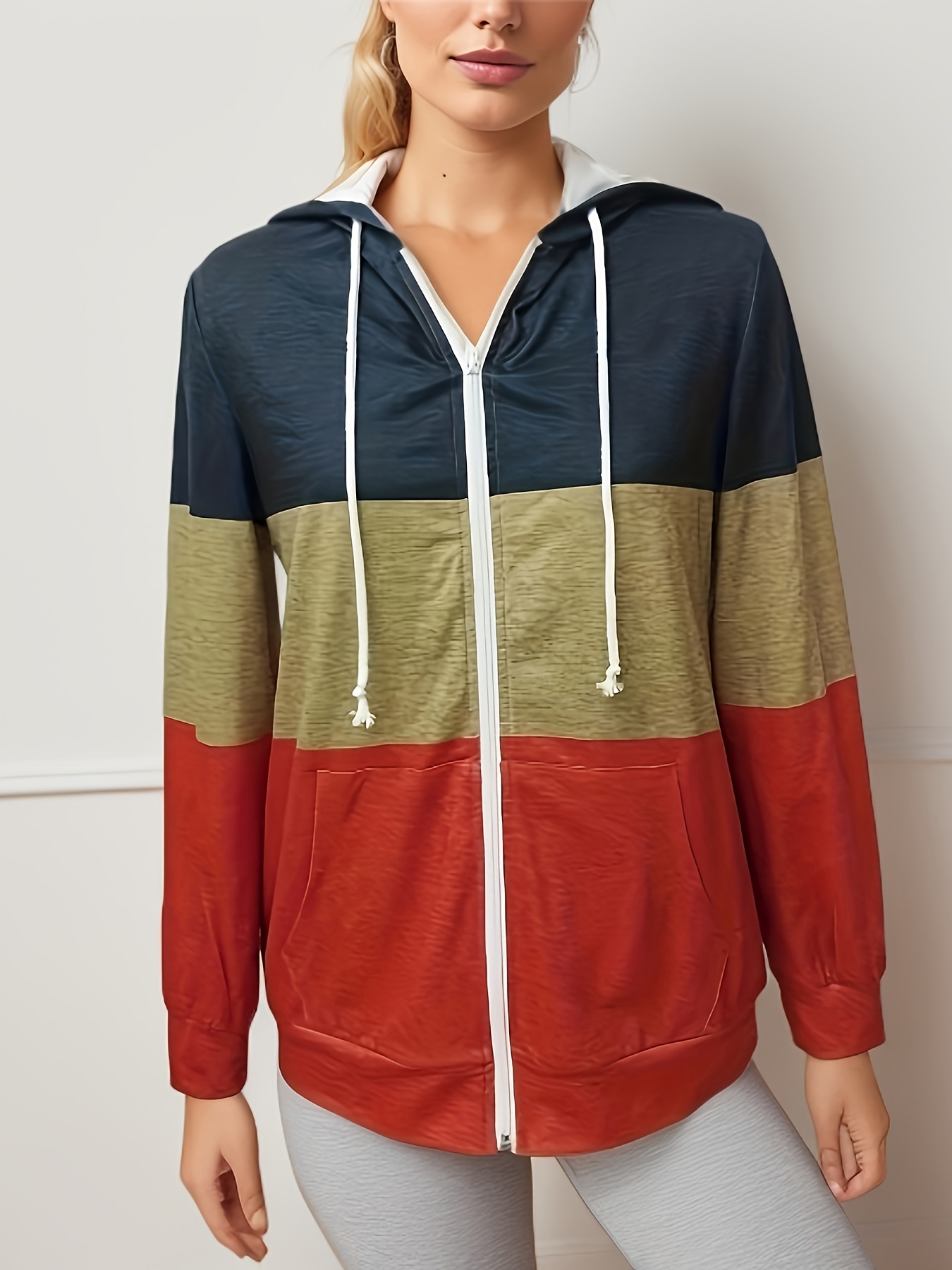 Color block zipper deals striped hoodie jacket