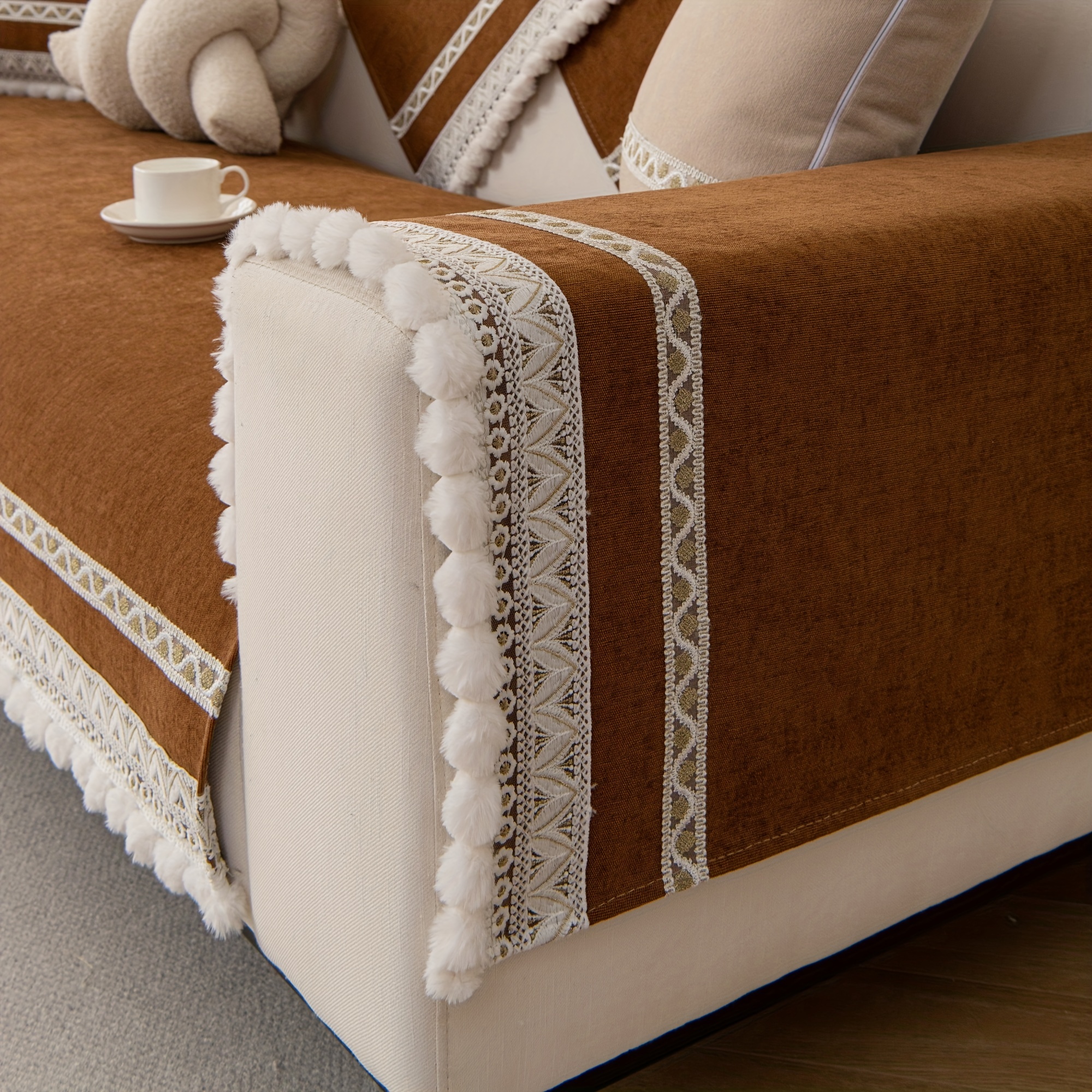 1pc Camel-colored Long Cushion With Furry Ball Decoration