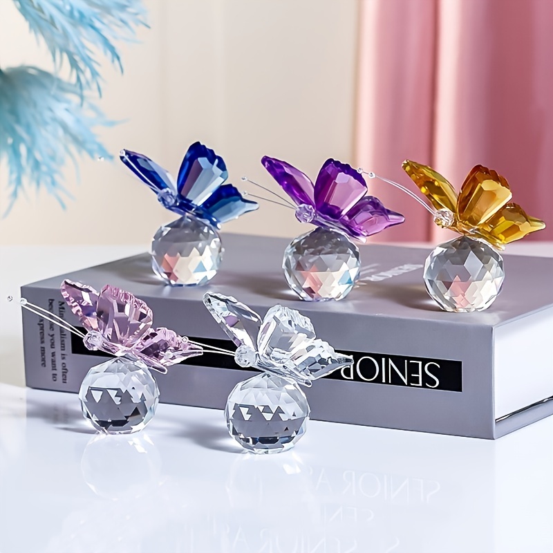 1pc Crystal Flying Butterfly With Crystal Ball Base Statue Collection Cut Glass Decor Statue Animal Ornament