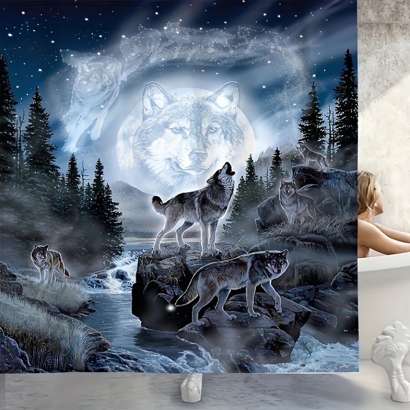 Moon Wolf Printed Bathroom Set, Waterproof Curtain With 12 Hooks