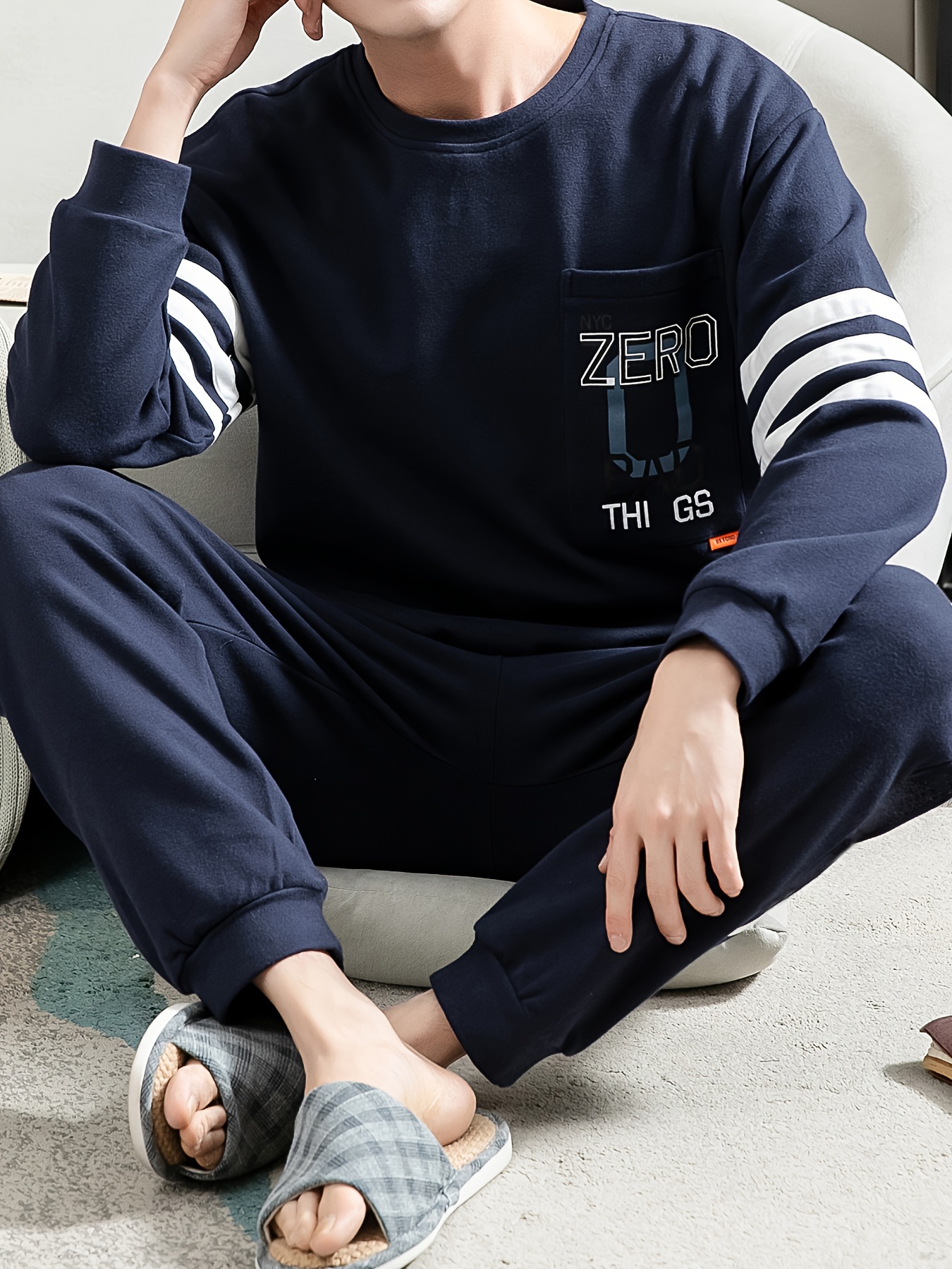 Men's Simple Style Casual Cotton Pajamas Sets, Letter Graphic Print Long Sleeve Crew Neck With Chest Pocket Top & Loose Pants Lounge Wear, Outdoor Sets For Spring Autumn
