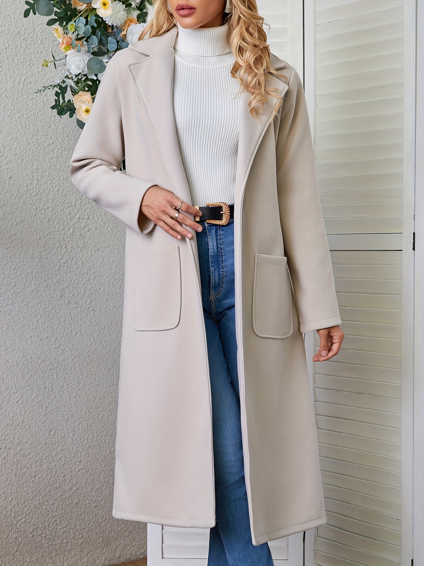 plus size elegant coat womens plus solid long sleeve open front lapel collar longline coat with pockets