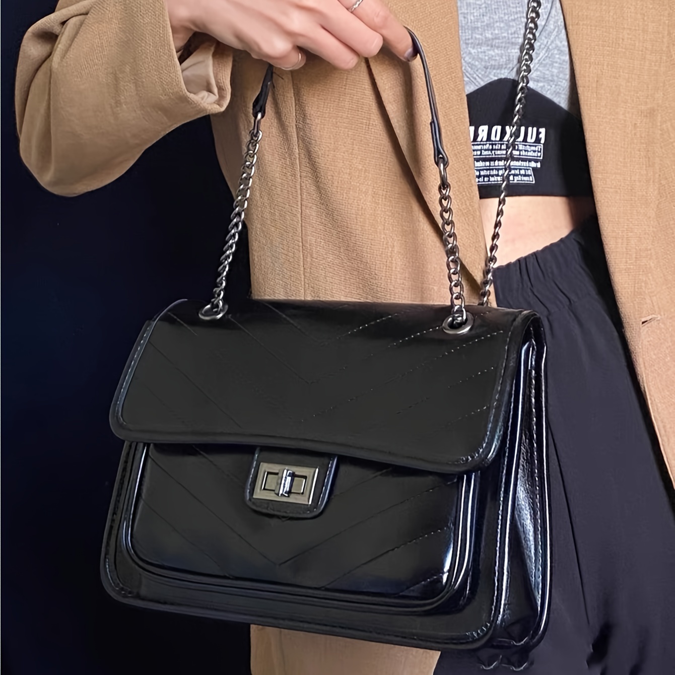 Fashion Black Handbag Women's Chain Crossbody Bag Stylish - Temu