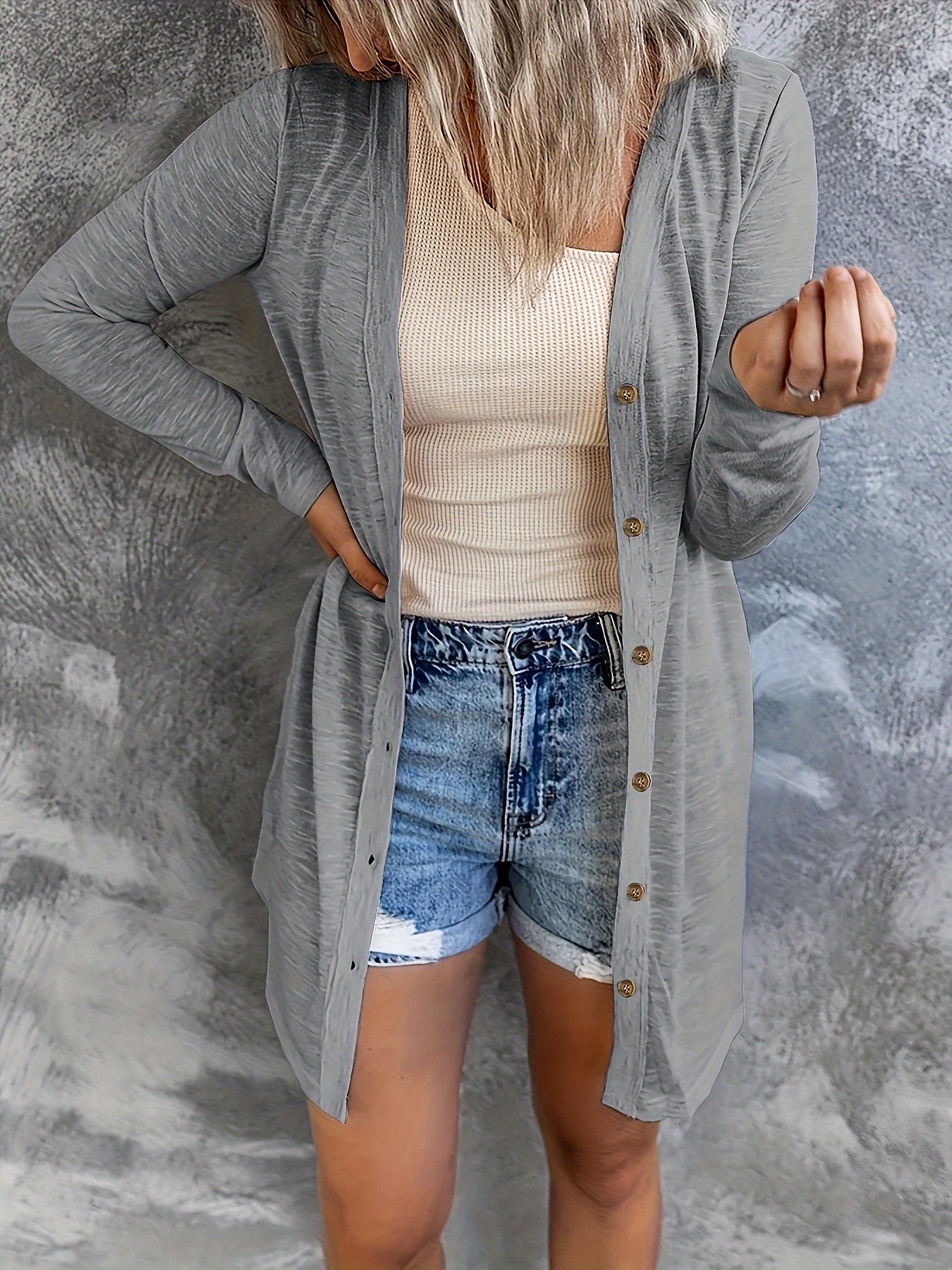 Women's Plus Size Casual Cardigan, Solid Button Up Long Sleeve Cardigan