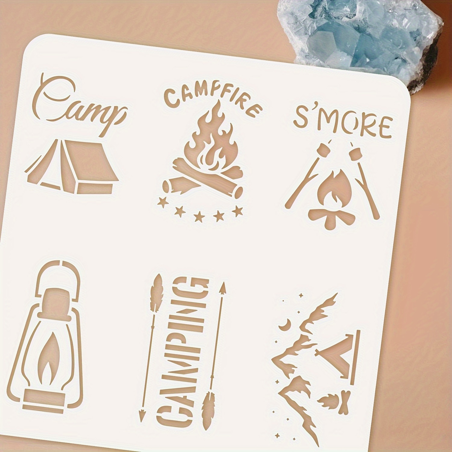 TEMU 1pc Camping Mini Tag Stencil 11.8x11.8 Inch Plastic Pet Campfire Painting Stencil Reusable Tent Lamp Hill Craft Stencil Template For Wood Signs,