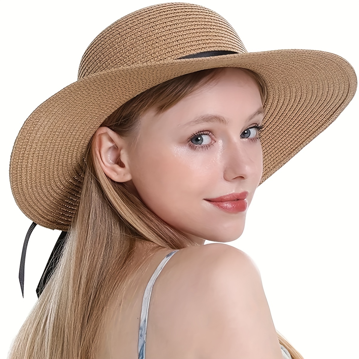 Straw Sun Hat Ribbon Bowknot Solid Sunscreen Beach Hats Floppy Foldable Cap
