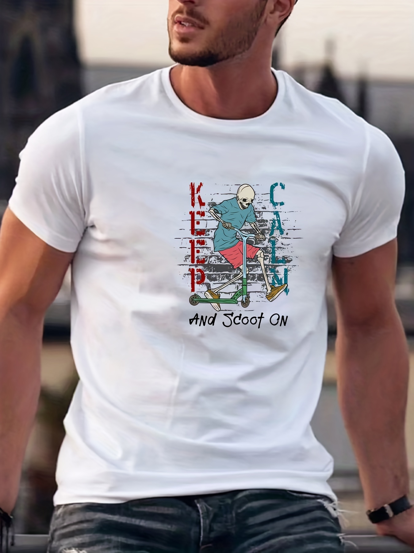 KEEP CLAM AND SCOOT ON Maglietta Comfy Chic Da Uomo Con Stampa A Motivo,  T-shirt Grafica Per Abbigliamento Estivo Da Uomo, Abbigliamento Da Uomo