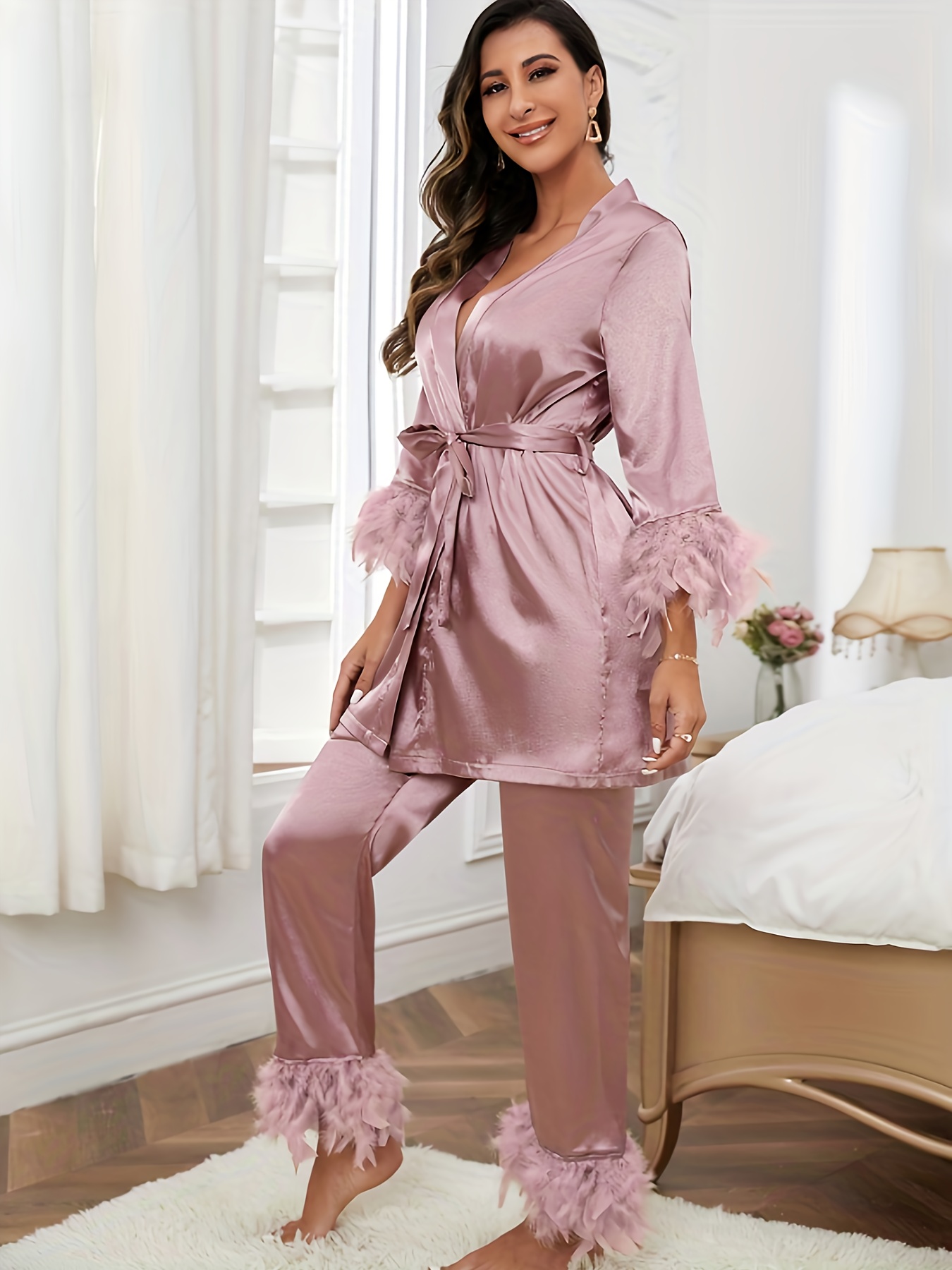 Kolarmo Womens Christmas Pajama Sets - Feather Trim Silk Satin Pajama Set, Women Feather Trim Christmas Pajama Set,Long Sleeve Silk Satin Pjs  Loungewear Ladies Casual Solid Lapel (pink, L) : : Fashion