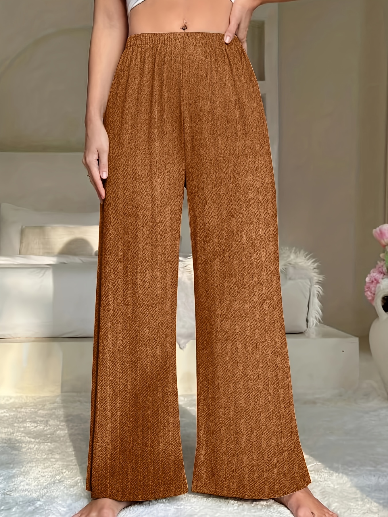 Plus Size Casual Lounge Bottoms, Women's Plus Solid Textured Wide Leg  Medium Stretch Home Wear Pants