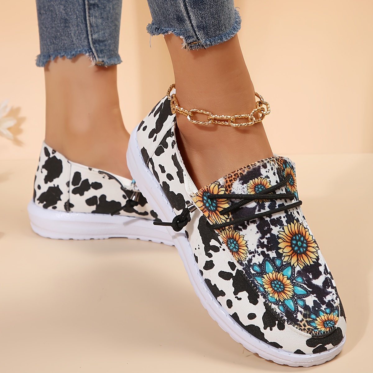 Sunflower & Cow Print Boat Shoes Lightweight Flats