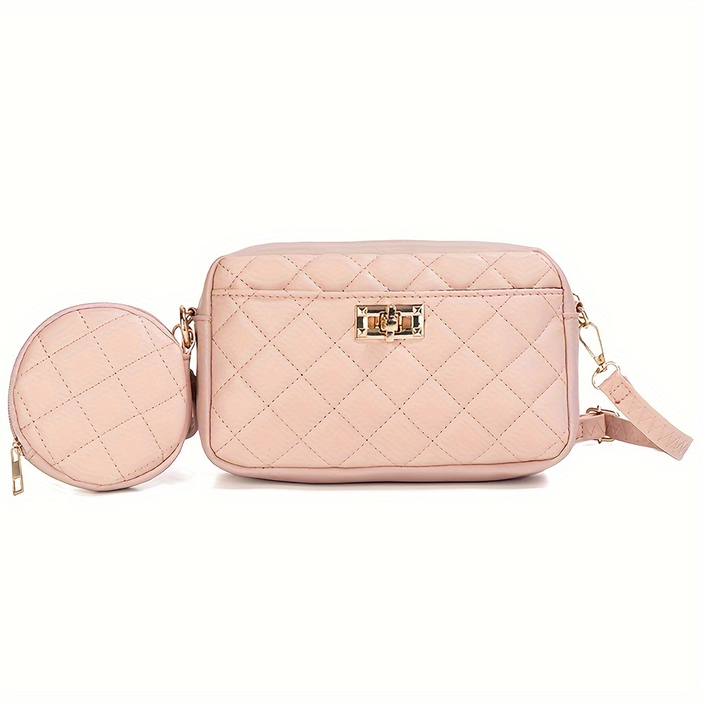 2pcs Argyle Quilted Crossbody Bag Set, Simple PU Leather Square Purse,  Fashion Shoulder Bag With Round Coin Purse