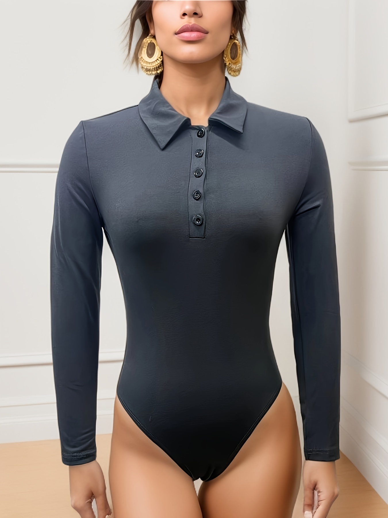 Solid Button Shirt Bodysuit Elegant Long Sleeve Lapel - Temu Canada