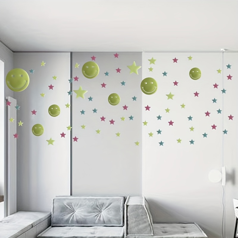 112pcs Colorful Luminous Stars And Smiley Face Fluorescent Wall Stickers  Mural Decals Home Art Decor Ceiling Wall Decor