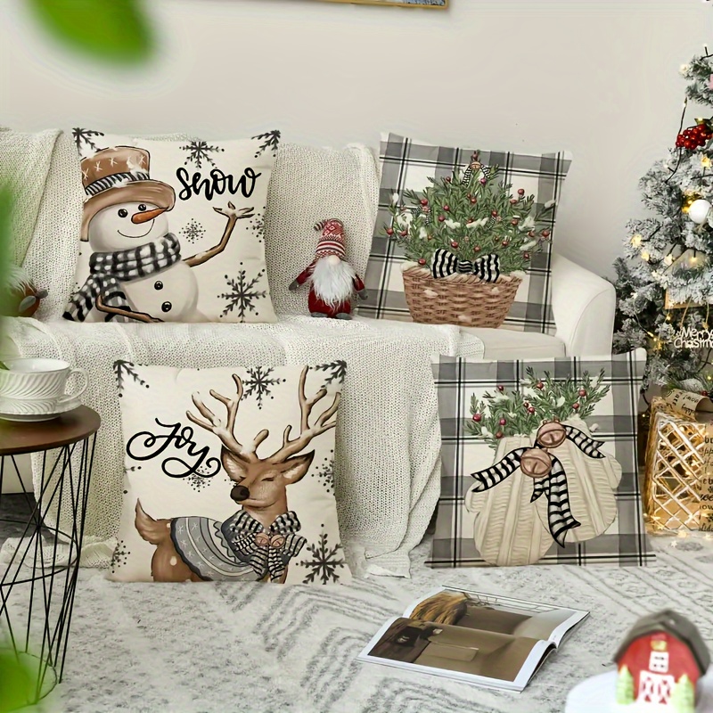 Image of Winter Christmas Pillowcase Elk Snow Pattern Pillowcase Suitable For Home Sofa Bedroom Decoration 18*18 Inches 4 Pieces