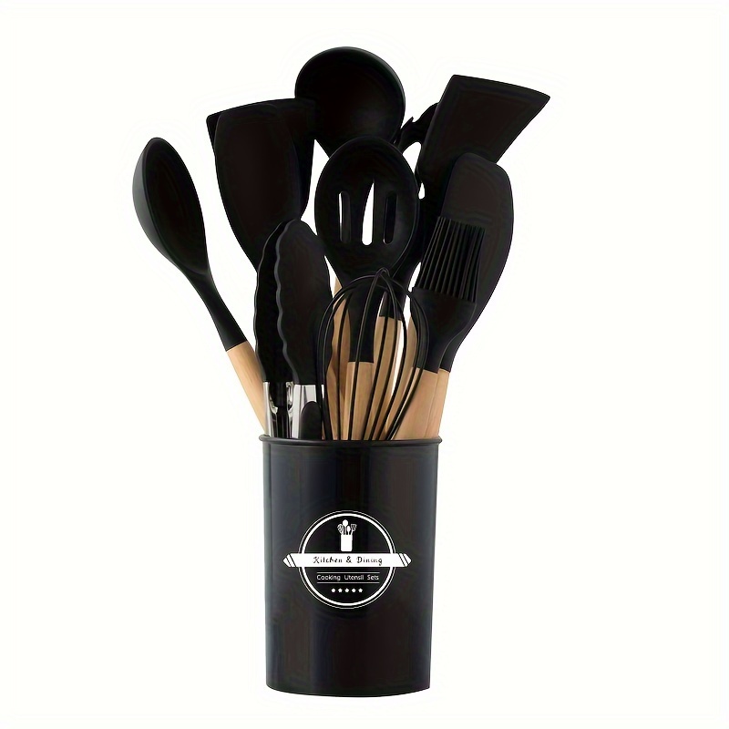 Kitchen Utensil Set, Silicone Cookware Set, Silicone Kitchen Utensil Set,  Wooden Cooking Utensils, Kitchen Gadgets, Silicone Cutlery Set, Kitchen  Tools With Storage Bucket - Temu