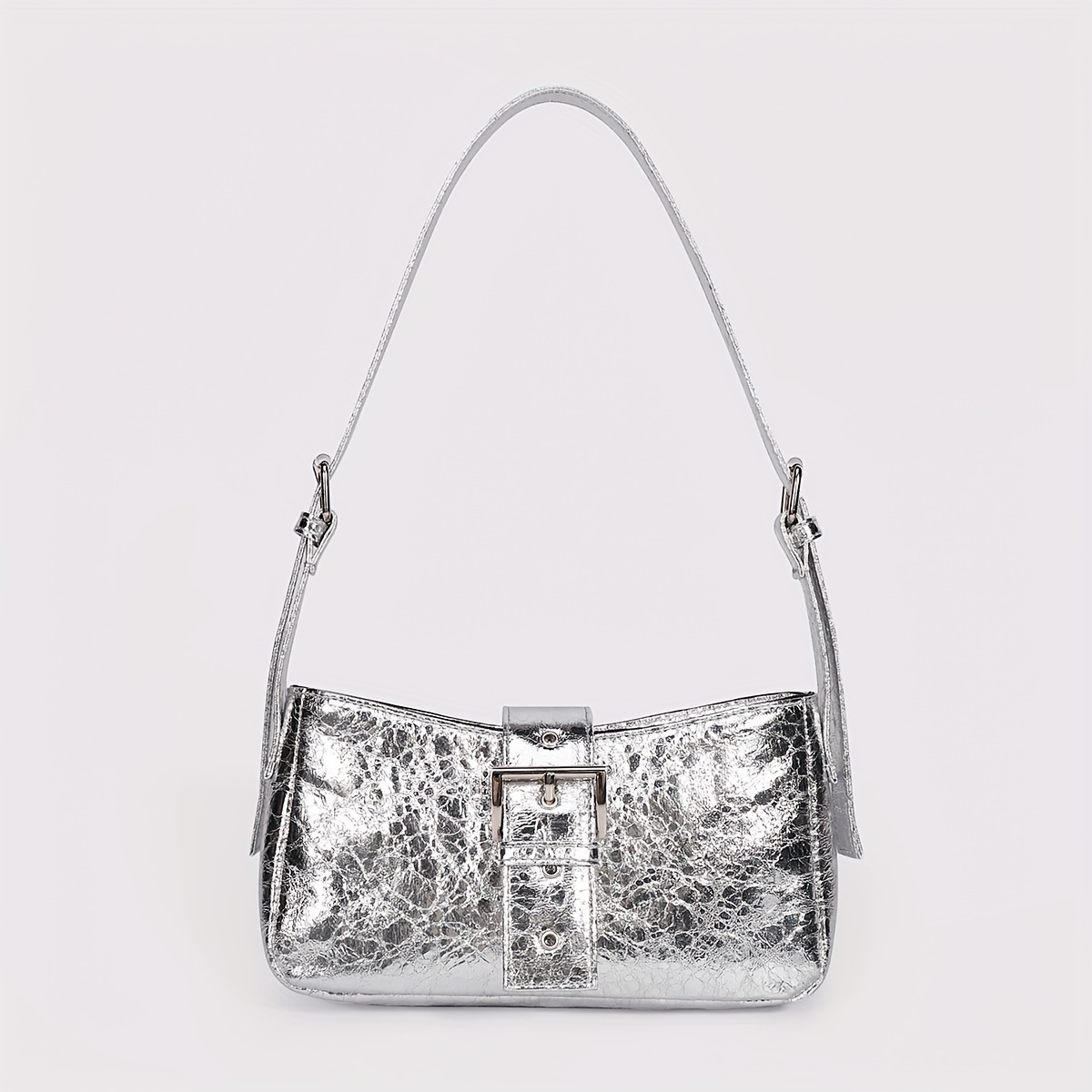 PU Leather Buckle Decor Shoulder Bag with Silver Zipper