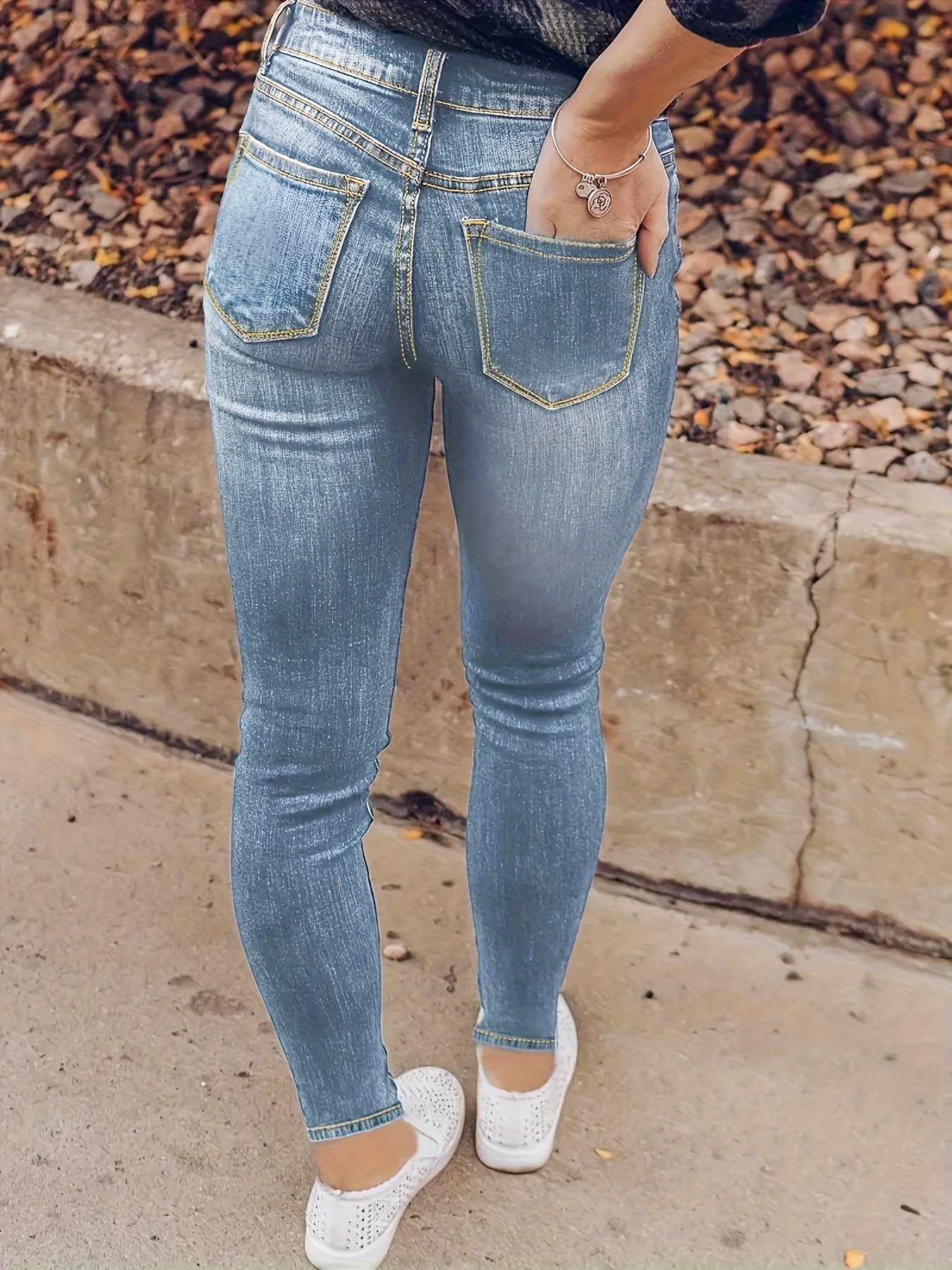 Women's Jeans Elastic Pockets Buttons High Waist Denim Hole Female