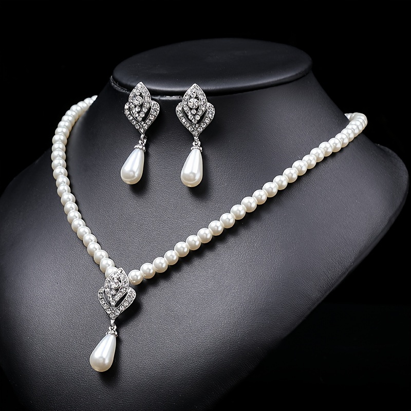 

Elegant Boho Pearl Jewelry Set For Women - Classic Bead Necklace With Pearl Drop Earrings, Accessory Ideal For Party