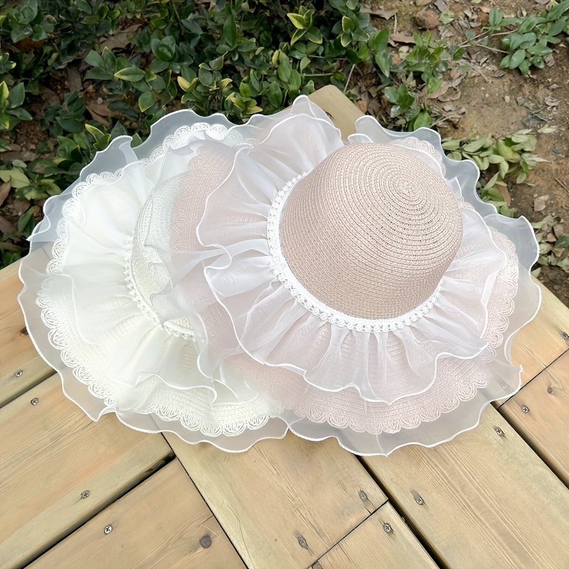 Ruffles Wide Brim Sun Hat Lace Straw Floppy Hat