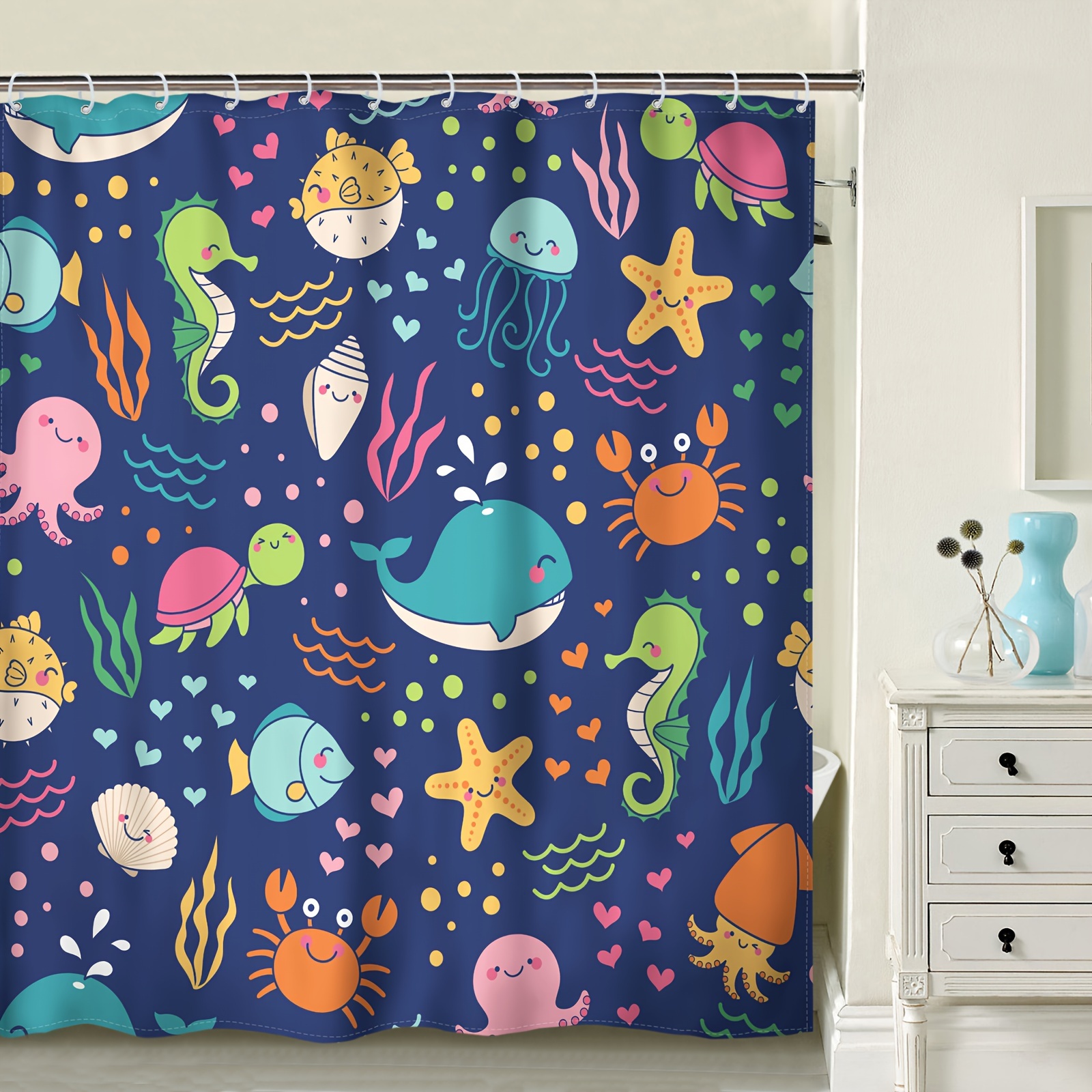 Ocean Life Dolphin Shower Curtain Cartoon Print Bathroom - Temu Canada