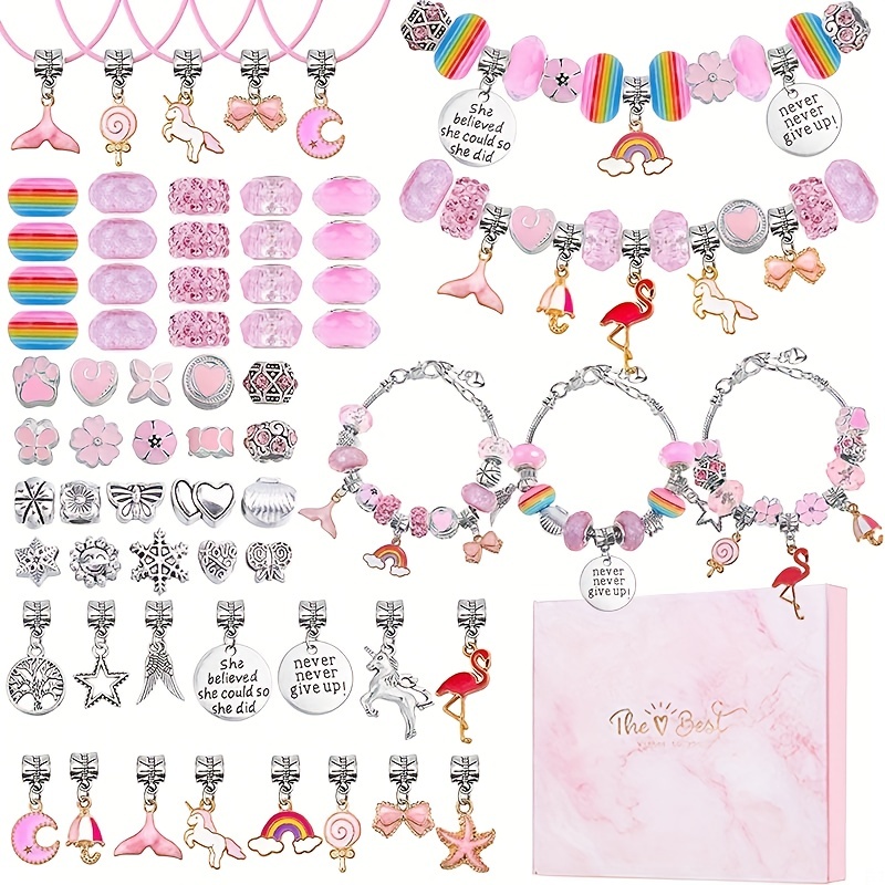 

63 Pcs Diy Charm Bracelet Making Kit, Preppy Jewelry Kit With Unicorn Pink Stuff Craft Gifts For Birthday, Christmas, New Year Jewelry Making Supplies