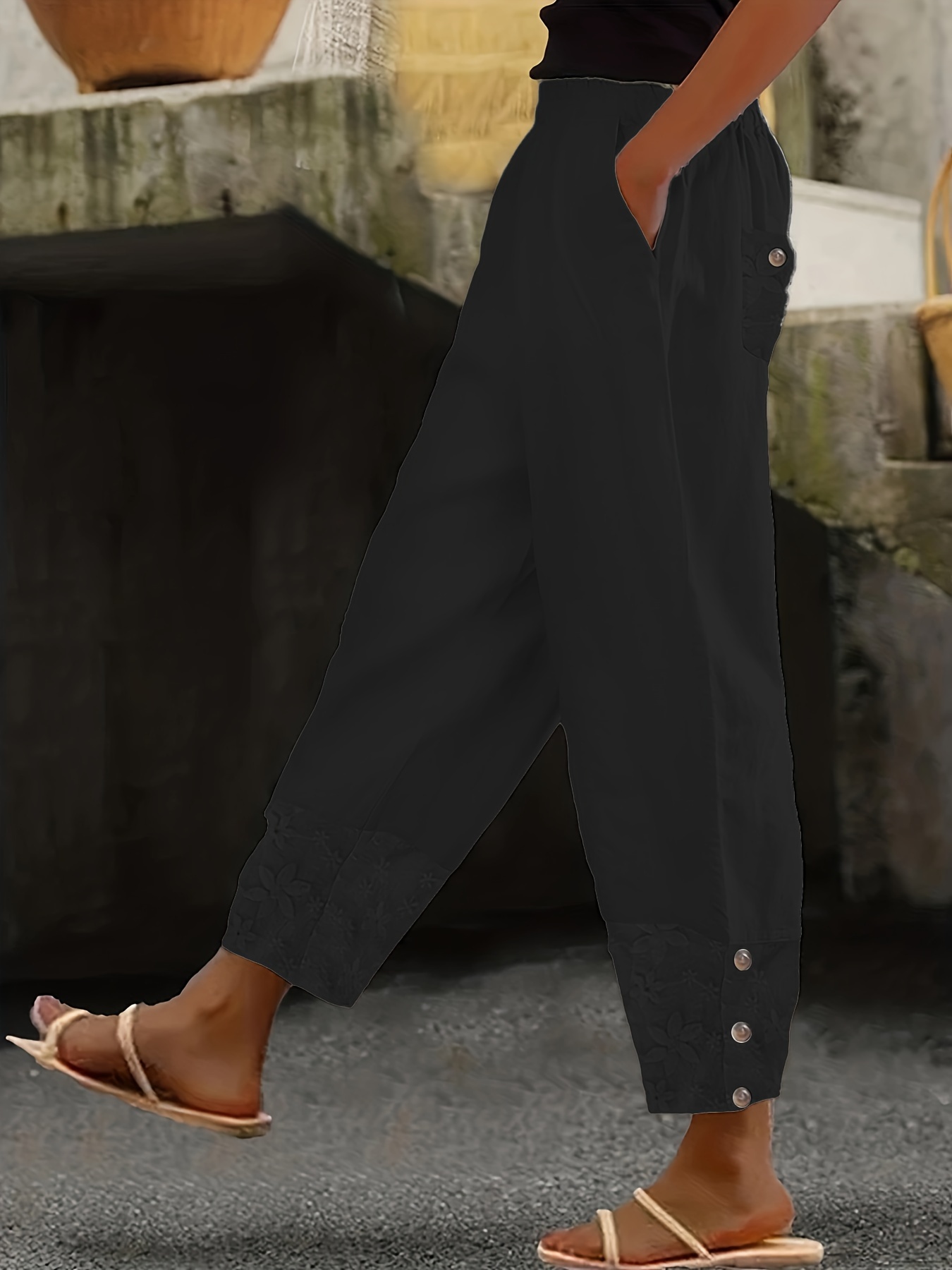 Contrast Lace Slant Pockets Pants Casual Button Elastic - Temu Canada