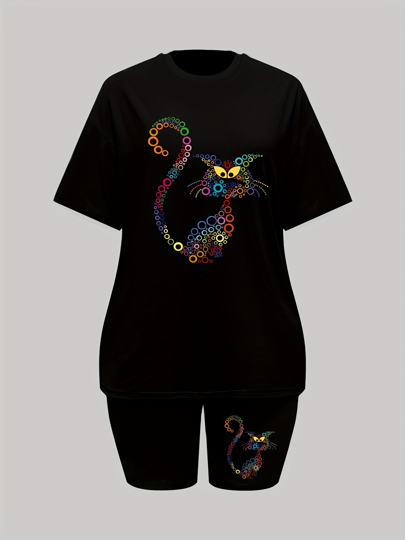 Circle Cat Print Lounge Set Short Sleeve Top & Shorts Women's Loungewear
