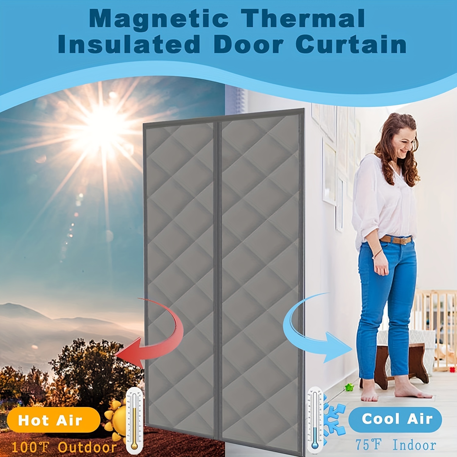Rideau de porte thermique magnétique 110 x 210 cm, rideau résistant à la  chaleur pour