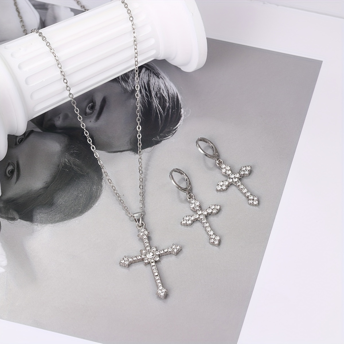 Classic Silvery Sparkling Cross Pendant Necklace Earrings - Temu