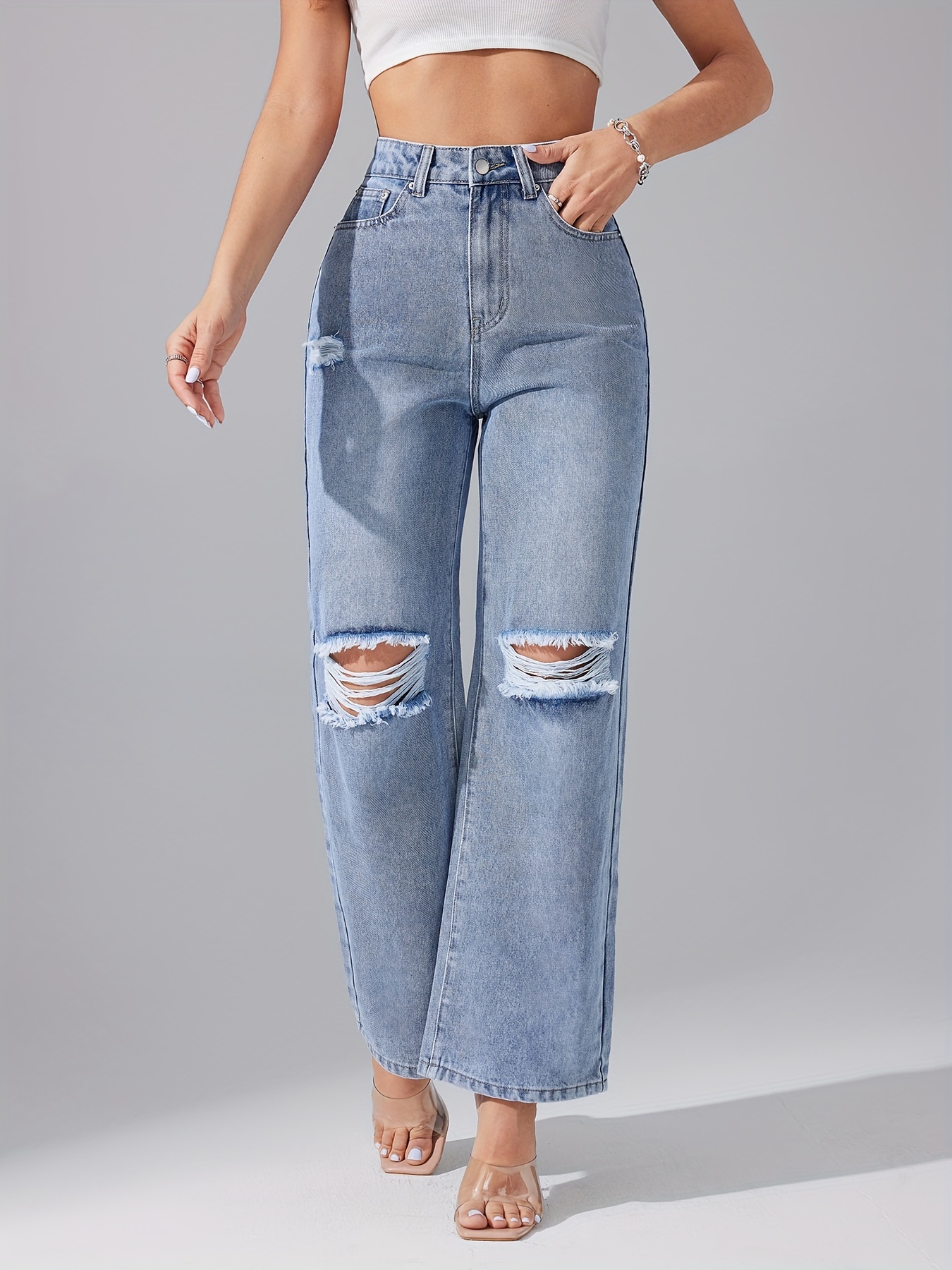 High Waist Wide Leg Straight Jeans Ripped Cut Out Knee - Temu Canada