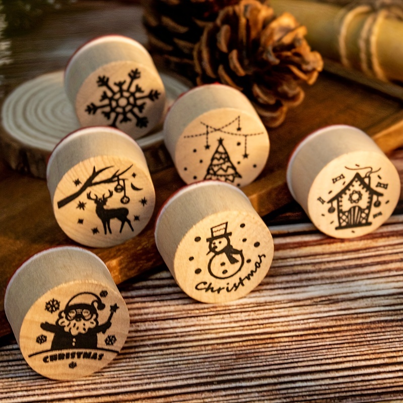 6pcs Christmas Theme Seal Set, Round Wooden Rubber Stamps For Card Making,  Merry Christmas Pattern Rubber Stamp For DIY Craft Card And Scrapbooking, C