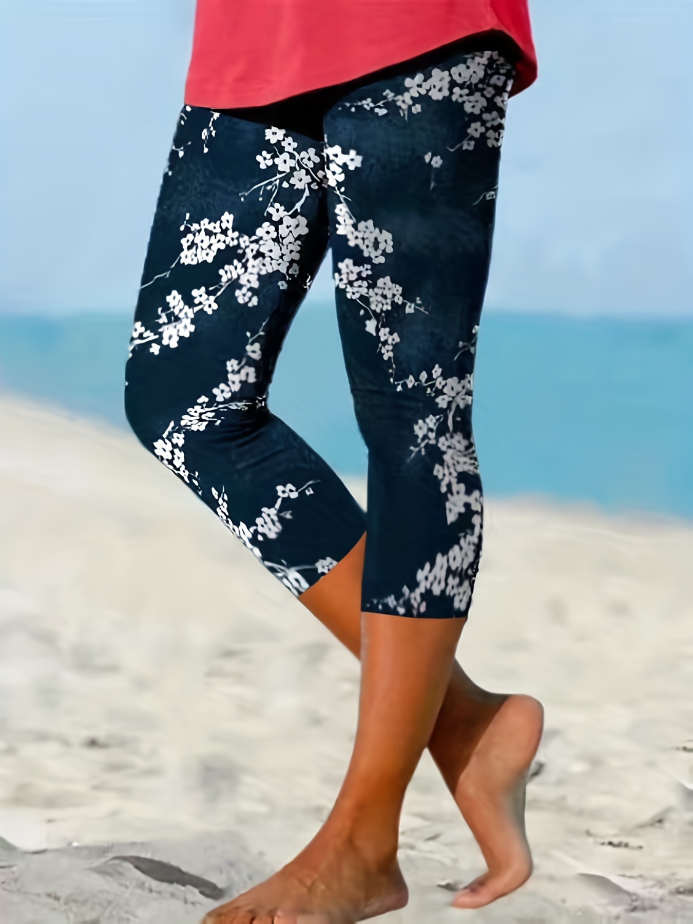 Plus Size Plaid Flower Print Capri Leggings Womens Plus High