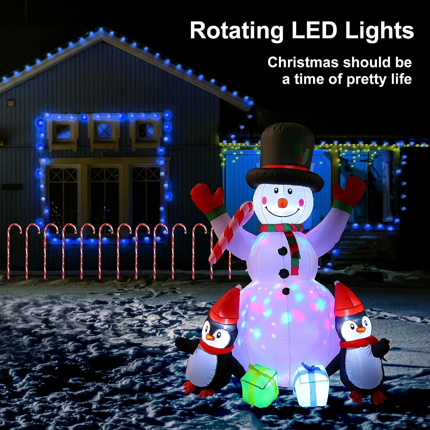 Décoration de Noël - Bonhomme de neige gonflable - Lumières LED rotatives  intégrées 