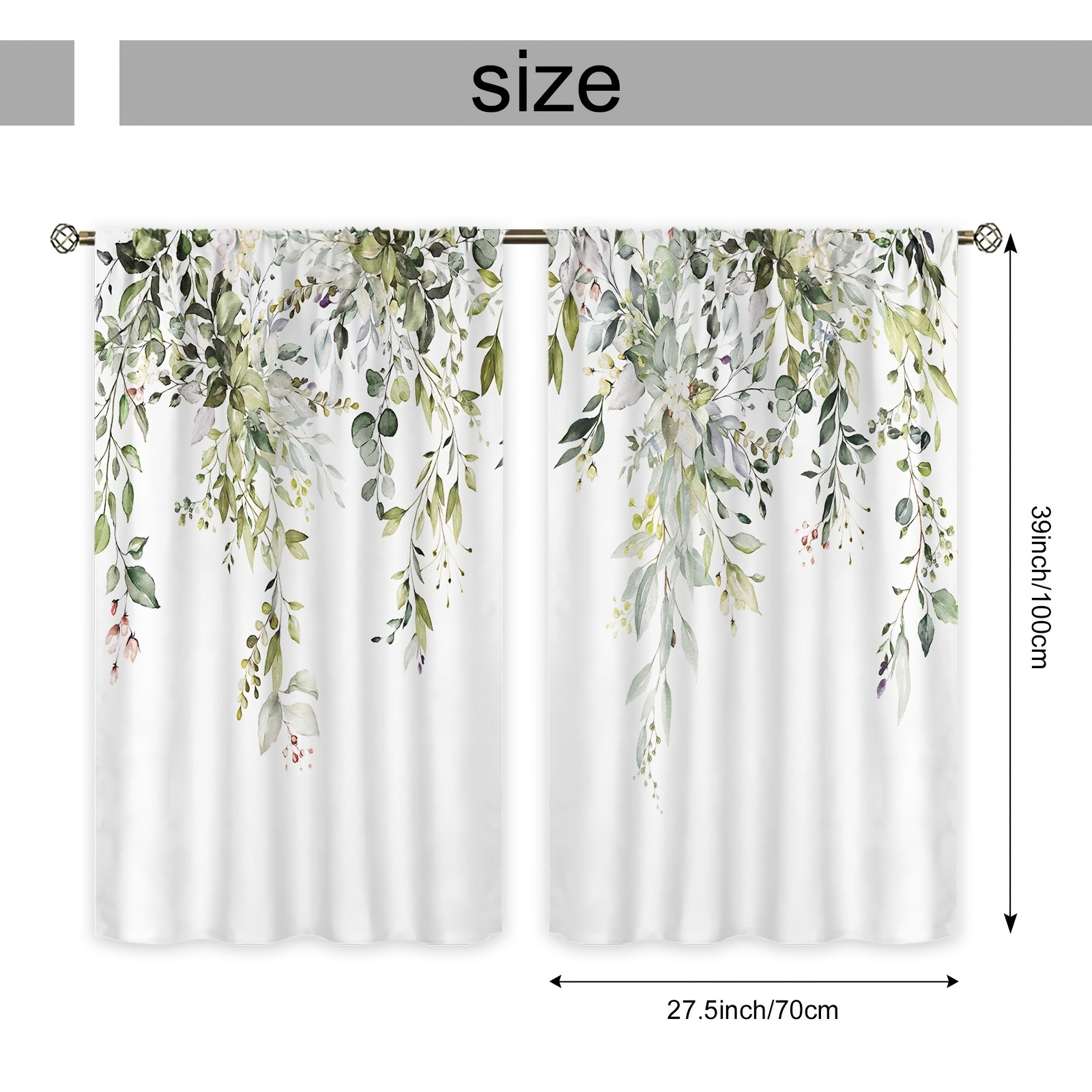  Cortinas de amarre de hojas de eucalipto verdes para ventanas  de cocina, dormitorio, cortina ajustable con bolsillo para barra, cortina  con cenefa de flores, acuarela, floral, primavera, plantas : Hogar y