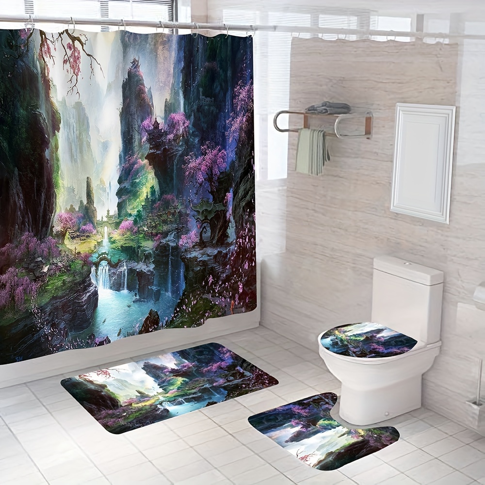 4pcs Landscape Print Shower Curtain Set, Bathroom Rug, U-Shape Mat, Toilet  Lid Pad, Waterproof Curtain Including 12 Hooks, 70.8x70.8/180x180cm, Aesth