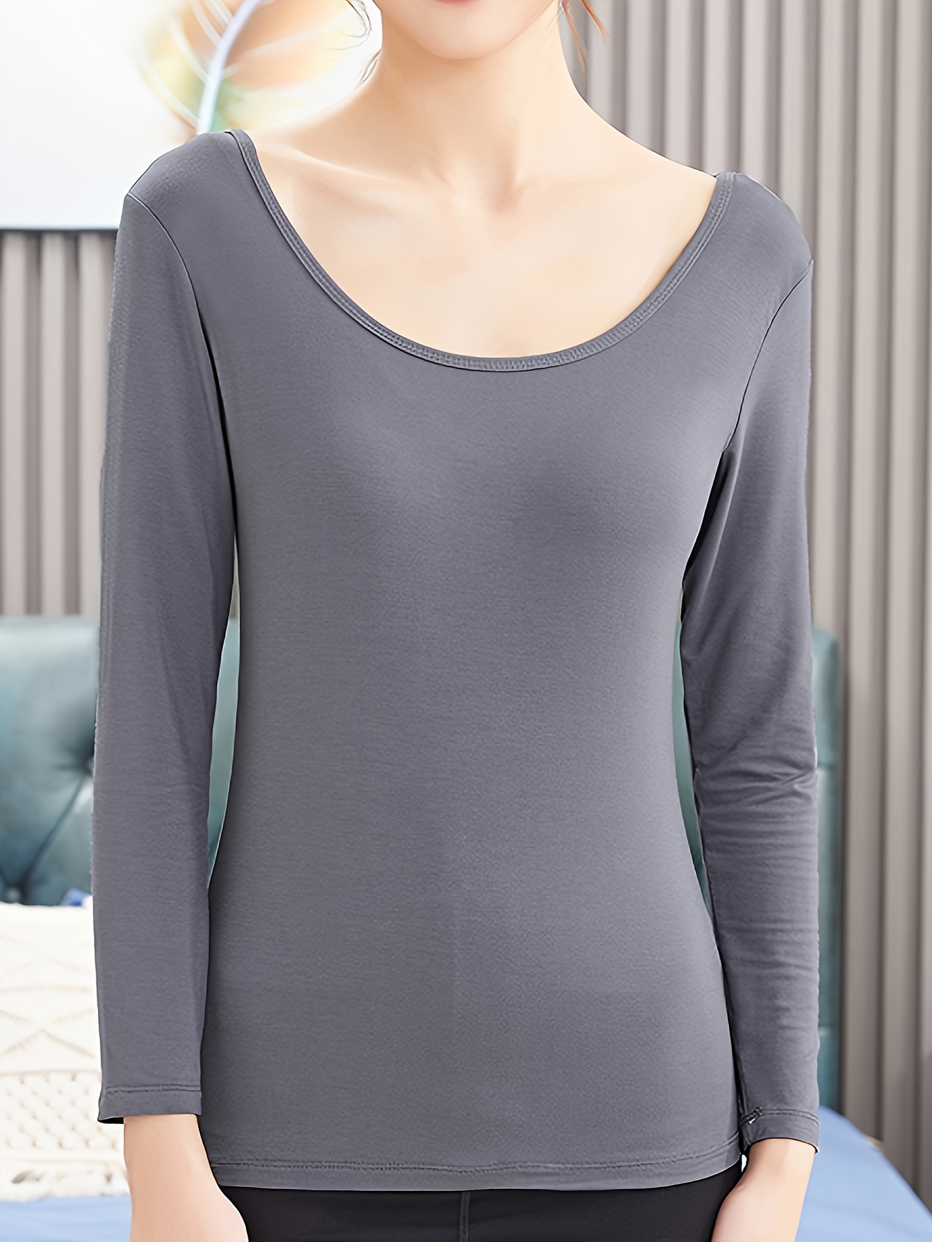 Round Neck Long Sleeve Top, Soft & Comfy Simple High Elastic Top, Women's  Lingerie & Sleepwear - Temu Canada