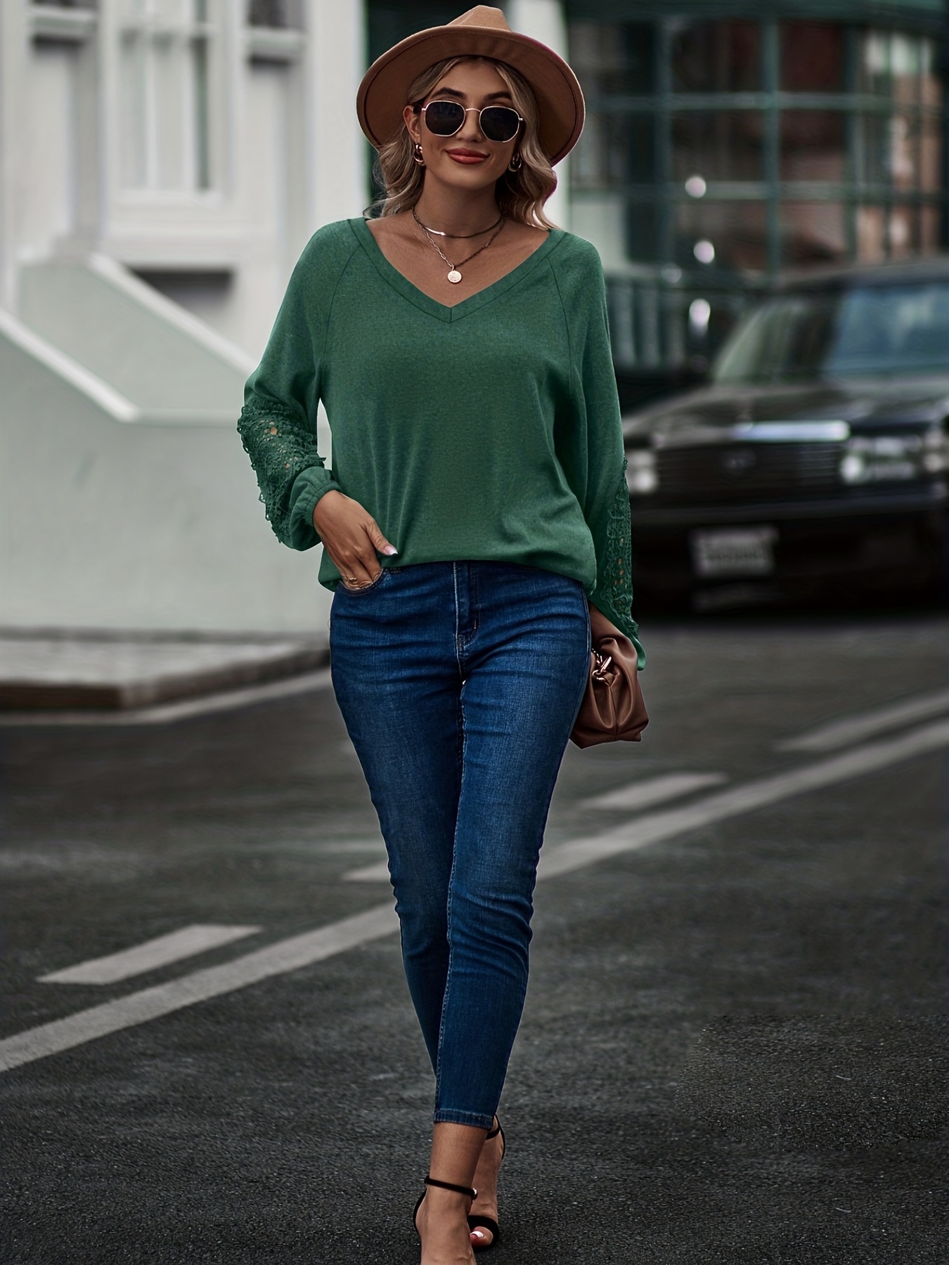 Solid Color Hollow Contrast Lace V-Neck Tops, Women's Hollow Out Long Sleeve Top Sexy Drop Shoulder Women's Tops,Green,$12.99,Breathable,Temu