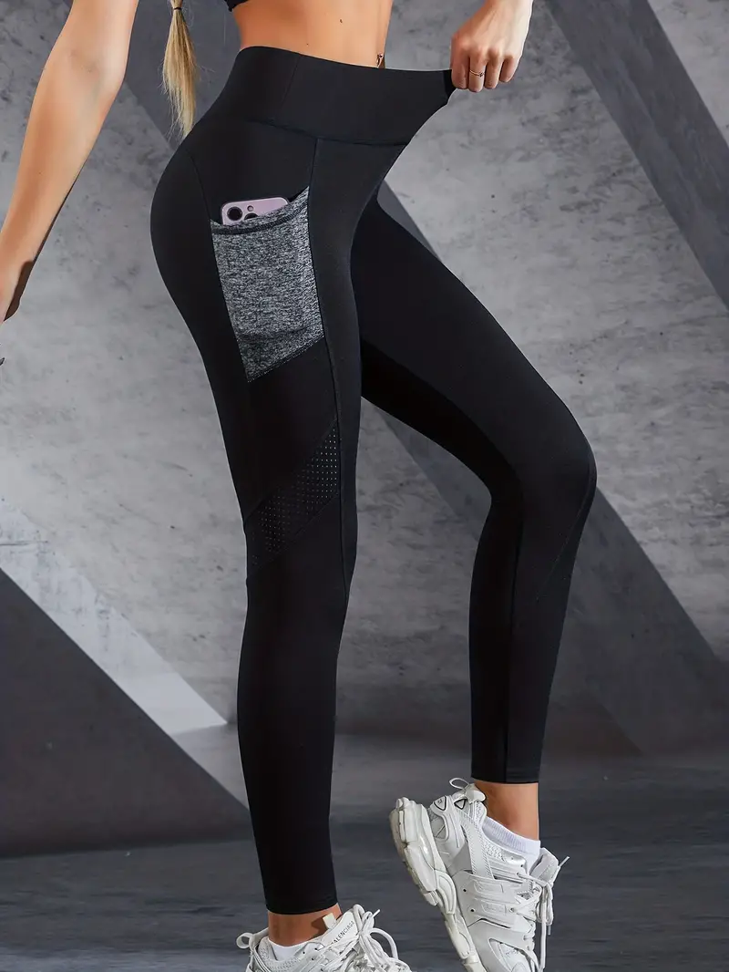 Mesh Stitching High Waist Pocket Stretchy Butt Lifting Running Leggings,  Fitness Slim Fit Sports Pants, Women's Activewear