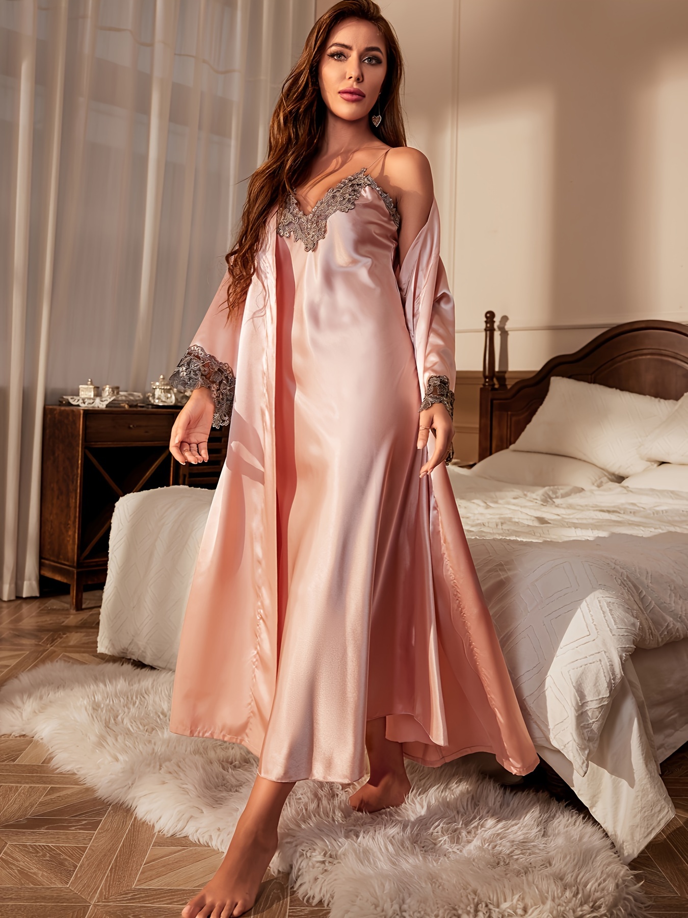 Women's Satin Ruffle Trim Belted Sleep Robe Sexy V Neck Sleepwear (Color :  Baby Pink, Size : Small)