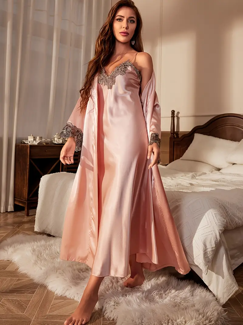 Contrast Lace Satin Pajama Set Long Sleeve Robe Belt V Neck - Temu