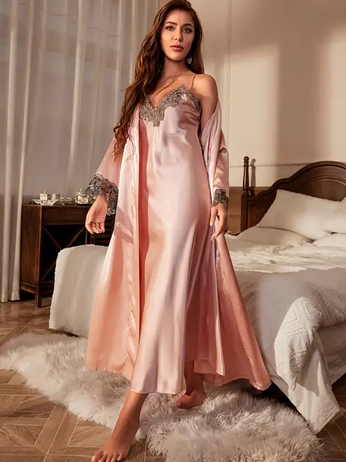 Women's Pajama Pink Lace Silky Floral Embroidered Slip Sleep Dress  Sleepwear