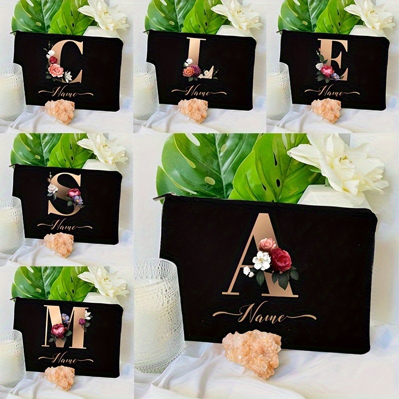 

1pc Custom Name 26 Initials Letter Flower Cosmetic Bag, A-z Letter Makeup Bags, Women's Travel Bridesmaid Gift, Ladies Portable Cosmetic Case Beauty Bag