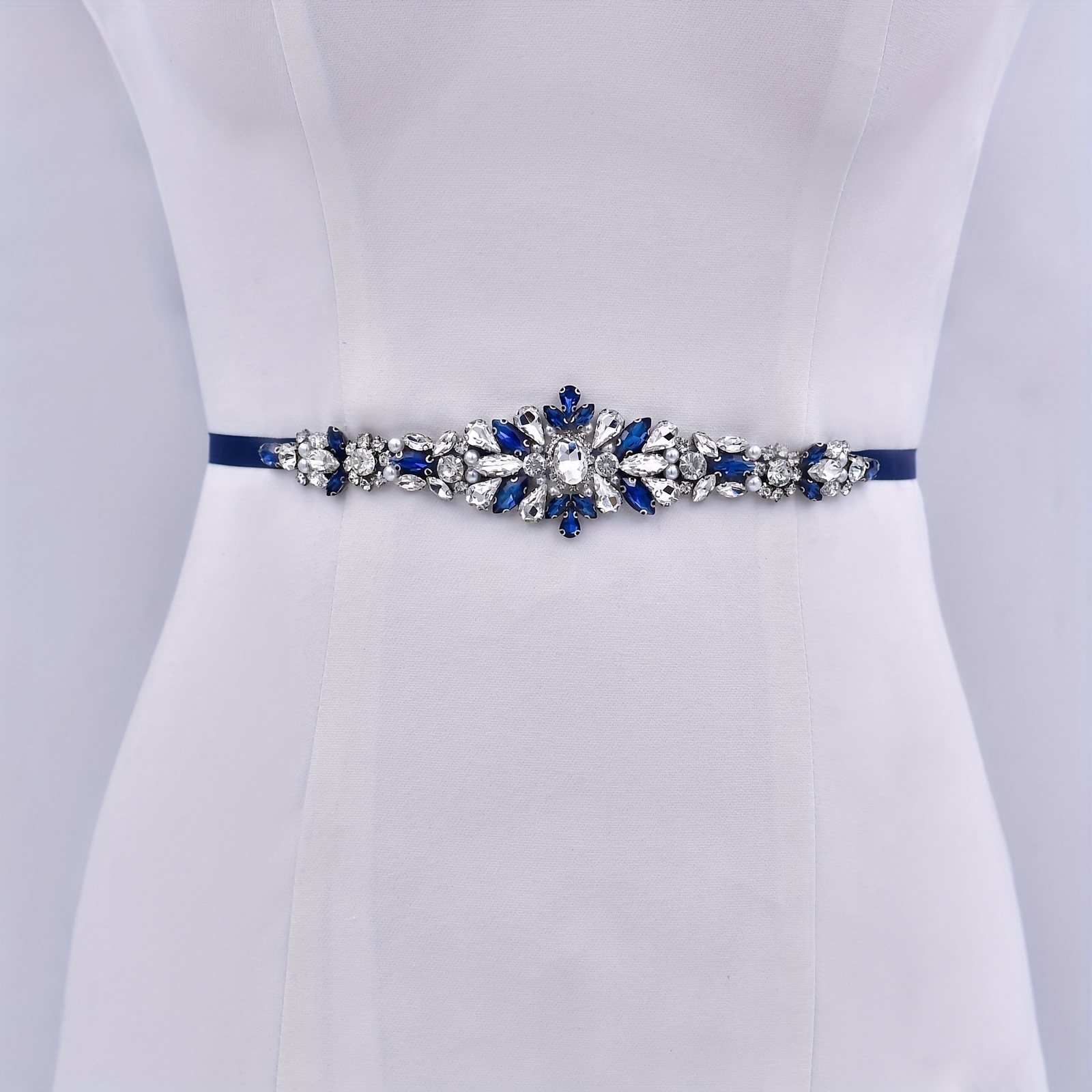 Royal Blue Rhinestone Waist Band Elegant Bridal Dress - Temu