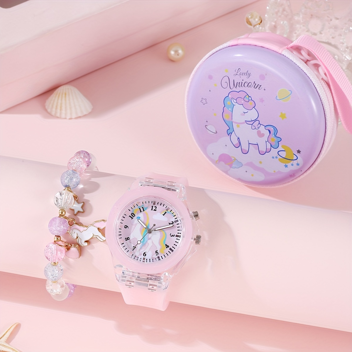 Girls Luminous Led Light Wrist Watch Cartoon Rainbow Horse Temu