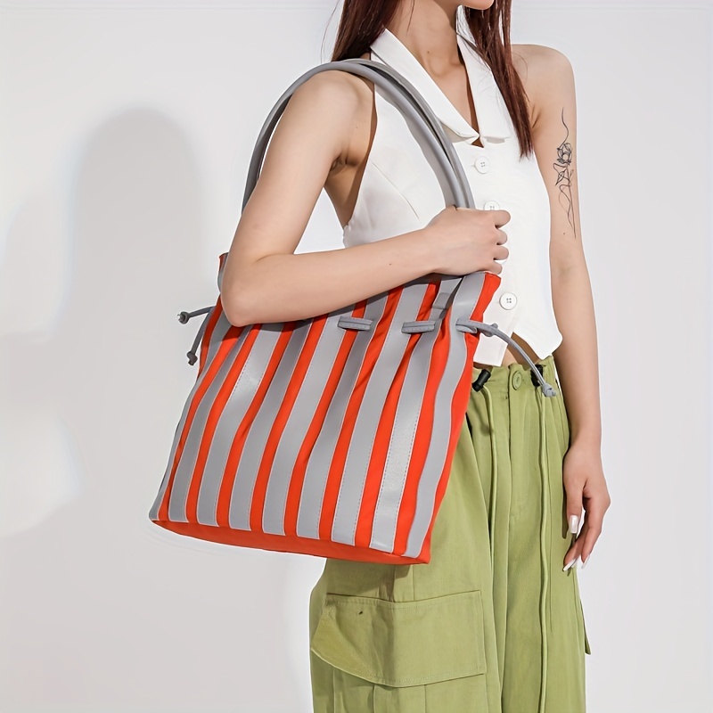 Striped Pattern Drawstring Bucket Bag Large Capacity Tote Bag