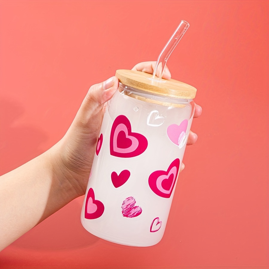 Hello Kitty Heart Frosted 16 Oz Glass Cup Glass Straw And Bamboo Lid NEW
